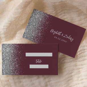 Modern Burgundy Silver Glitter Wedding Place Card
