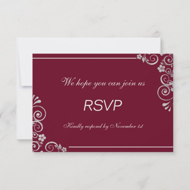 Modern Burgundy Silver Grey Floral  Wedding RSVP (Front)