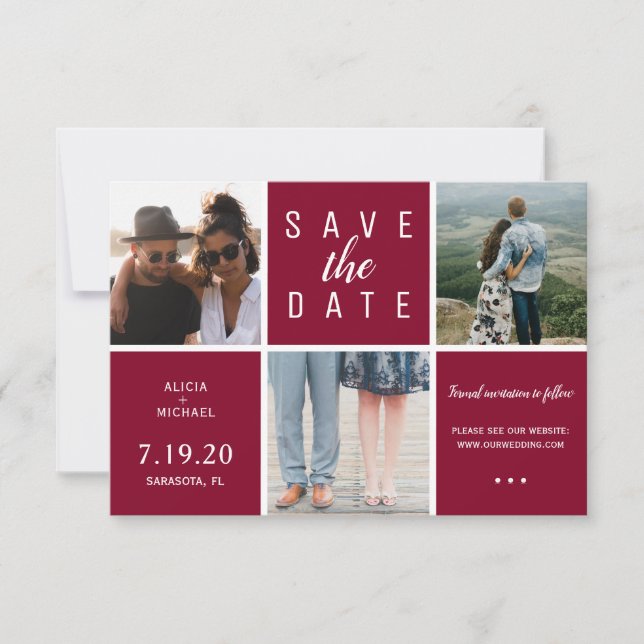 Modern burgundy simple 3 photo collage wedding save the date (Front)