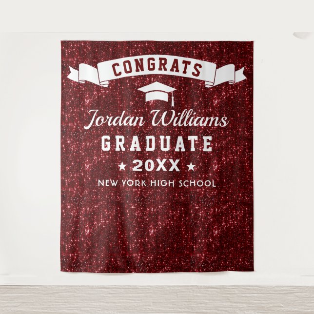 Modern Burgundy Sparkle Graduation Photo Backdrop Tapestry (Front)