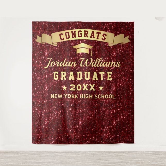 Modern Burgundy Sparkle Graduation Photo Backdrop Tapestry (Front)