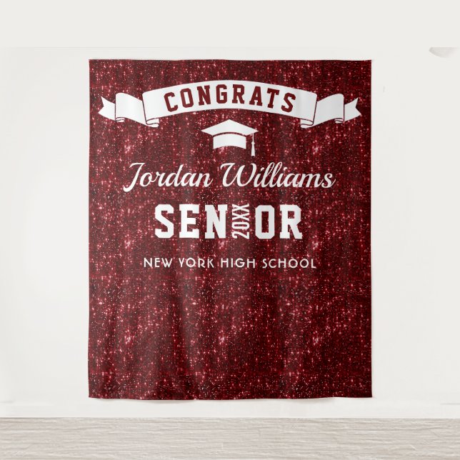 Modern Burgundy Sparkle Graduation Photo Backdrop Tapestry (Front)
