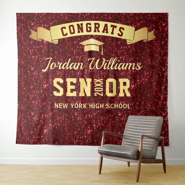 Modern Burgundy Sparkle Graduation Photo Backdrop Tapestry (In Situ (Horizontal))