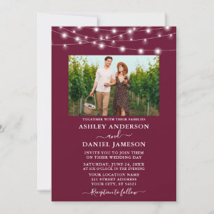 Modern Burgundy String Lights Photo Wedding Invitation