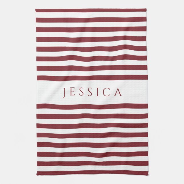 Modern Burgundy Striped Pattern Name Tea Towel (Vertical)