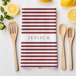 Modern Burgundy Striped Pattern Name Tea Towel