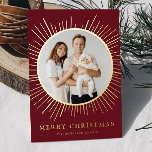 Modern Burgundy Sunburst Merry Christmas 2 Photo Foil Holiday Card