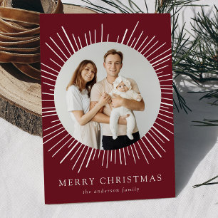 Modern Burgundy Sunburst Merry Christmas 2 Photo Holiday Card