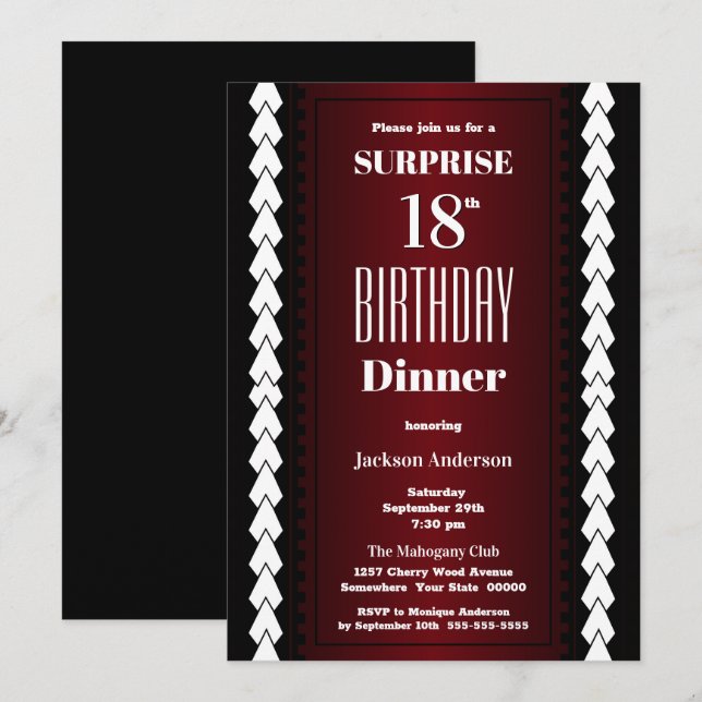 Modern Burgundy Surprise 18th Birthday Dinner Invitation (Front/Back)