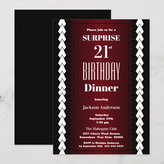 Modern Burgundy Surprise 21st Birthday Dinner Invitation (Front/Back)