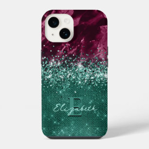 Modern Burgundy Teal Mint Glitter Marble Monogram iPhone 14 Case