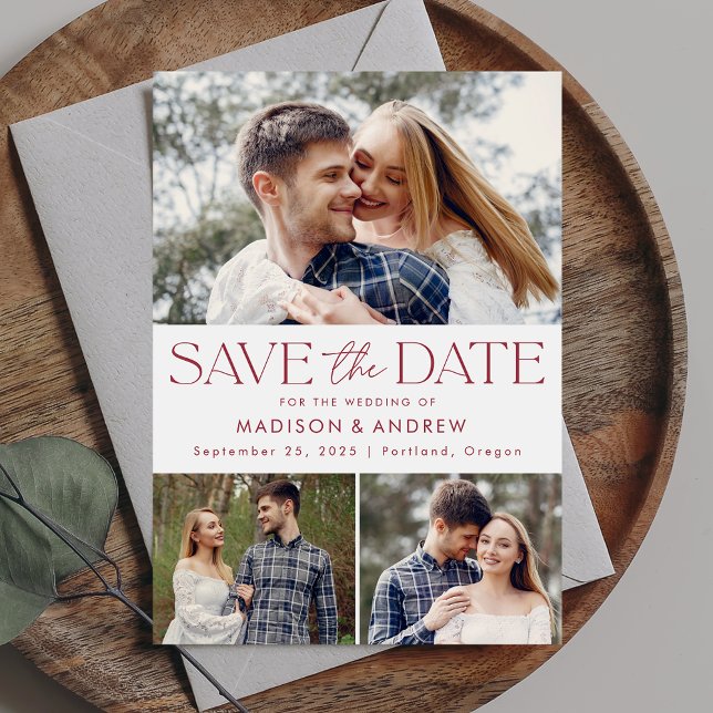 Modern Burgundy Typography 3 Photo Save The Date (Creator Uploaded)