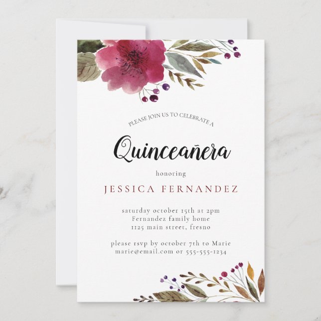 Modern Burgundy Watercolor Flowers Quinceañera Invitation (Front)