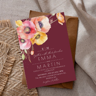 Modern Burgundy Watercolor Poppies Floral  Wedding Invitation