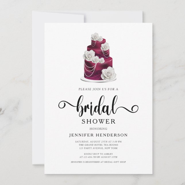 Modern Burgundy Wedding Cake Bridal Shower  Invitation (Front)
