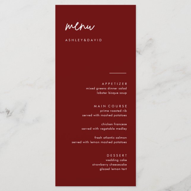 Modern Burgundy Wedding Menu Cards (Front)