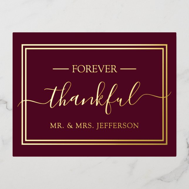 Modern Burgundy Wedding Mr. & Mrs. Thank You Foil Invitation Postcard (Front)