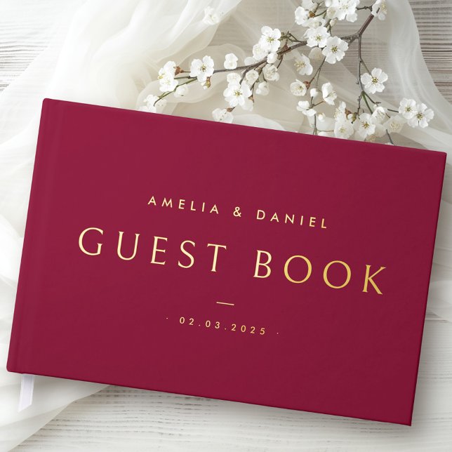 Modern burgundy wedding names and date real guest book (Modern burgundy wedding names and date real foil guest book)