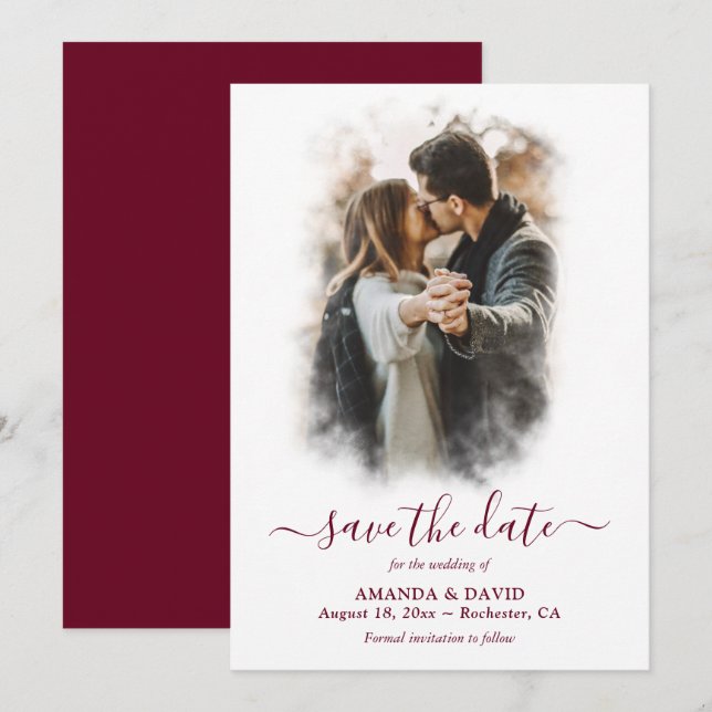 Modern Burgundy Wedding Photo Save The Date (Front/Back)