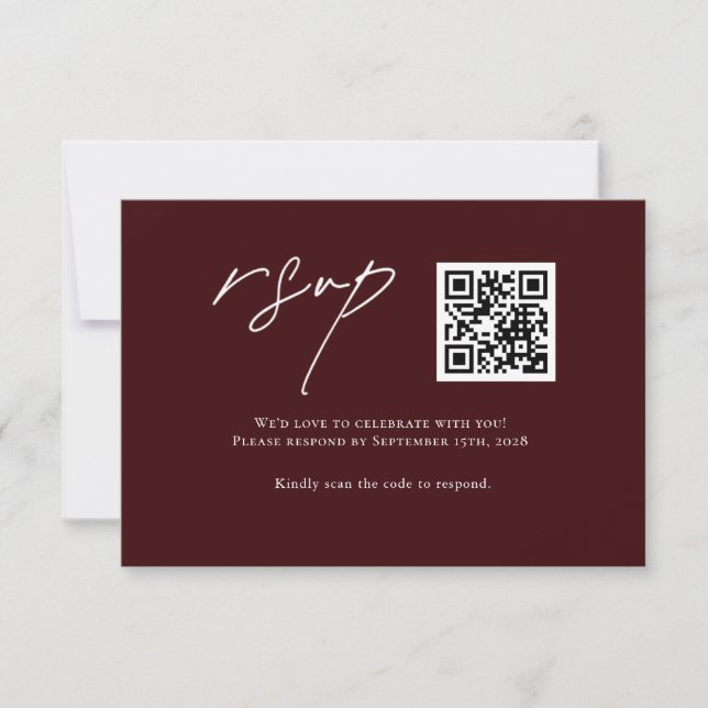 Modern Burgundy Wedding RSVP Card with QR Code (Front)
