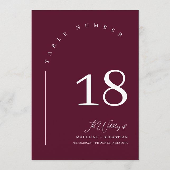 Modern Burgundy Wedding Seating Chart Table Number (Front)