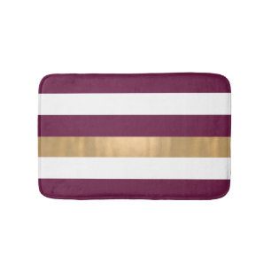 Modern Burgundy White and Gold Striped Bath Mat