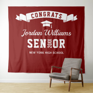 Modern Burgundy White Graduation Photo Backdrop Tapestry