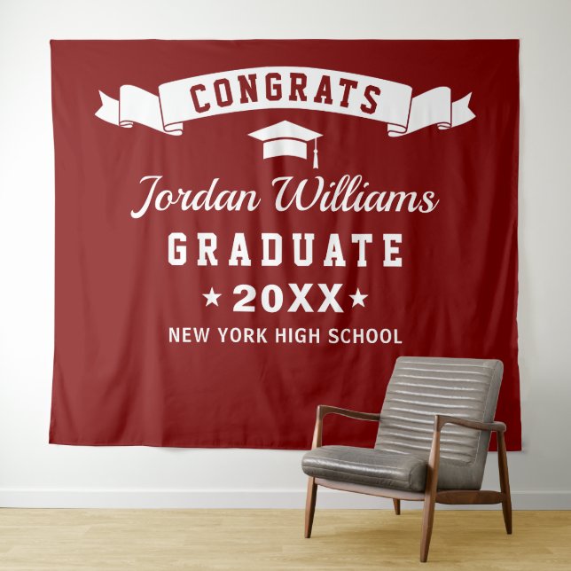 Modern Burgundy White Graduation Photo Backdrop Tapestry (In Situ (Horizontal))