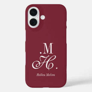 Modern Burgundy White Monogram Name iPhone 16 Case