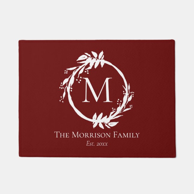 Modern Burgundy White Wreath Family Name Monogram Doormat (Front)