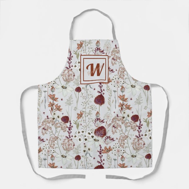 Modern Burgundy Wildflowers | Elegant Boho Floral  Apron (Front)