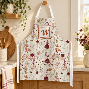 Modern Burgundy Wildflowers Elegant Boho Floral Apron