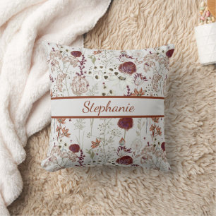 Modern Burgundy Wildflowers Elegant Boho Floral Cushion