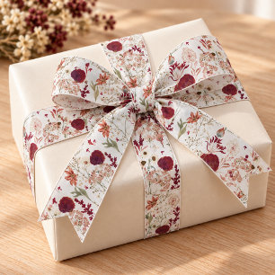 Modern Burgundy Wildflowers Elegant Boho Floral Grosgrain Ribbon