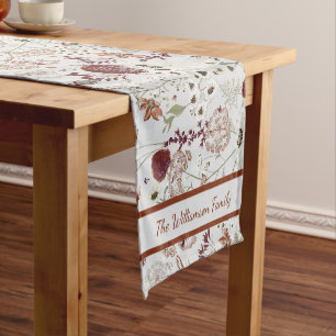 Modern Burgundy Wildflowers Elegant Boho Floral Short Table Runner