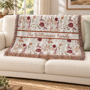 Modern Burgundy Wildflowers Elegant Boho Floral Throw Blanket