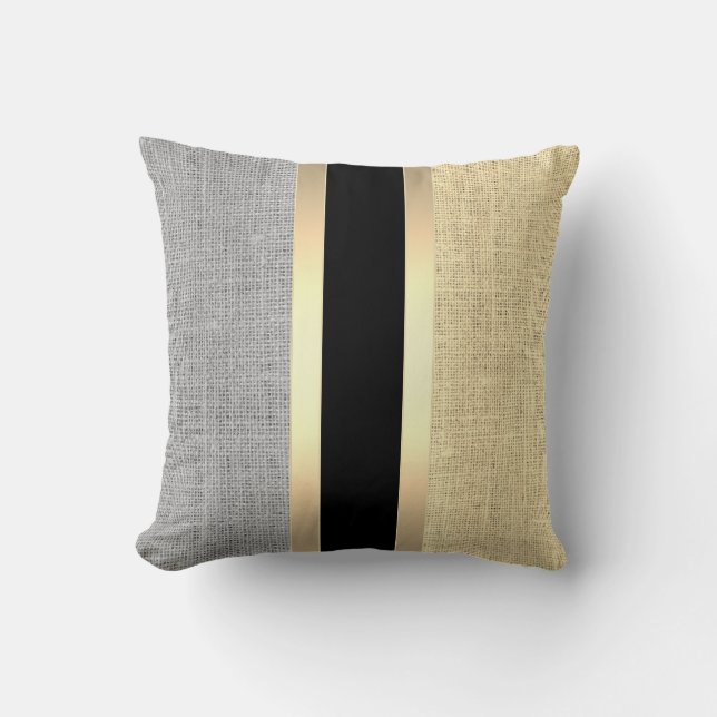 Modern Burlap Gold Striped Cushion (Front)