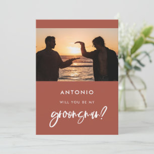 Modern burnt brick Groomsman proposal photo card