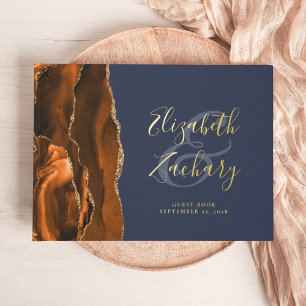 Modern Burnt Orange Agate Gold Script Navy Blue Guest Book