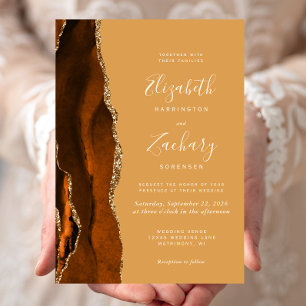 Modern Burnt Orange Agate Honey Gold Wedding Invitation