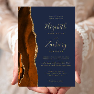 Modern Burnt Orange Agate Navy Blue Wedding