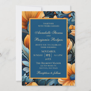Modern Burnt Orange and Blue Floral Invitation