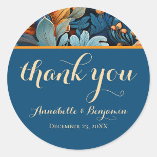 Modern Burnt Orange and Blue Floral Wedding  Classic Round Sticker