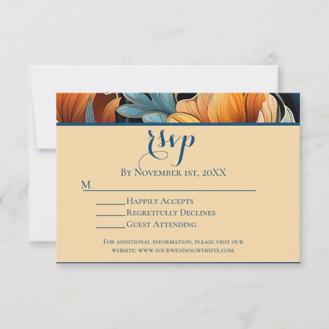 Modern Burnt Orange and Blue Floral Wedding RSVP (Front)
