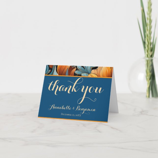 Modern Burnt Orange and Blue Floral Wedding  Thank You Card (Front)