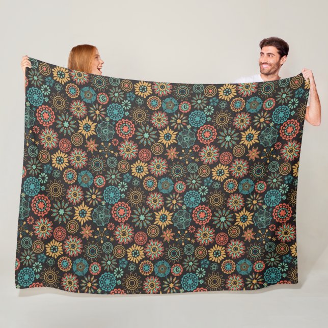 Modern burnt orange and teal floral pattern fleece blanket (In Situ)