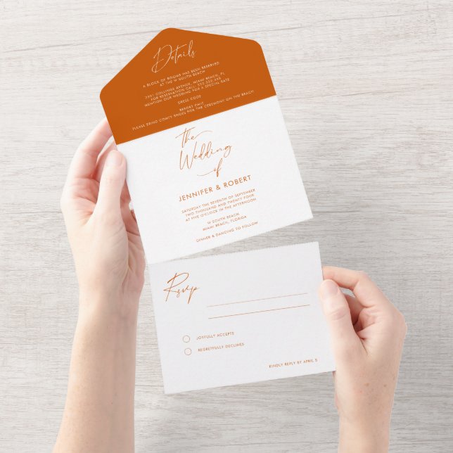 Modern Burnt Orange Calligraphy Script Wedding All In One Invitation (Tearaway)