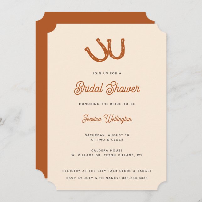 Modern Burnt Orange Cowgirl Cowboy Bridal Shower Invitation (Front/Back)
