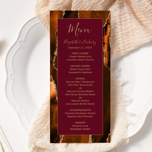 Modern Burnt Orange Gold Agate Burgundy Wedding Menu (Creator Uploaded)