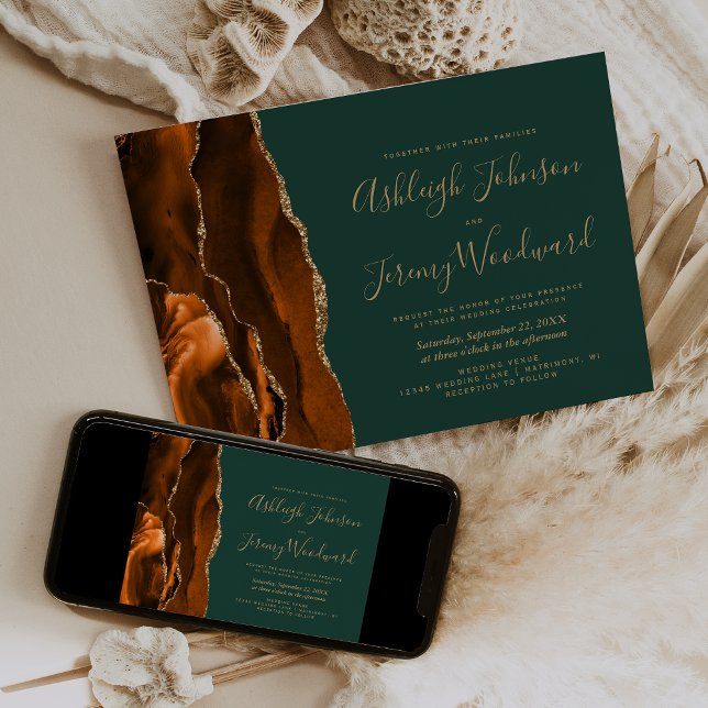 Modern Burnt Orange Gold Agate Dark Green Wedding Invitation (Creator Uploaded)